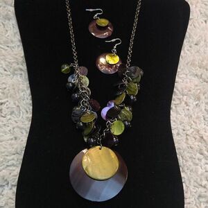 Purple & Green Shell & Bead Necklace & Earrings Set